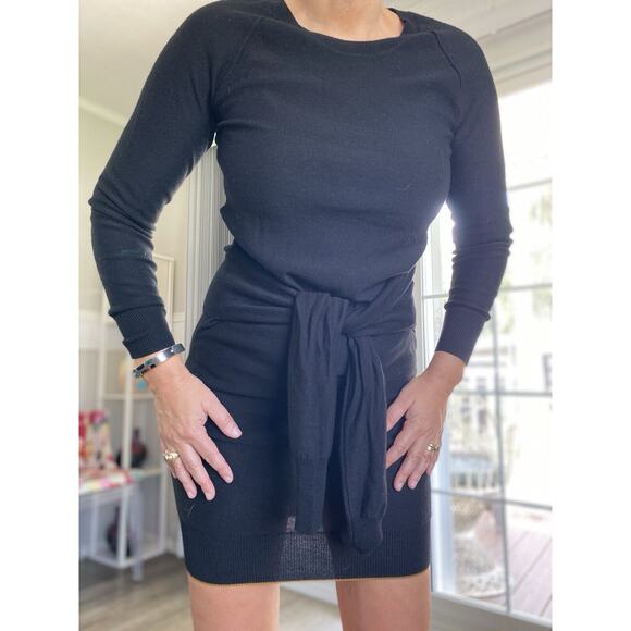 SONIA RYKIEL Womens 99% Wool Sweater Dress Black Long Sleeve Tie Waist S - Picture 1 of 16